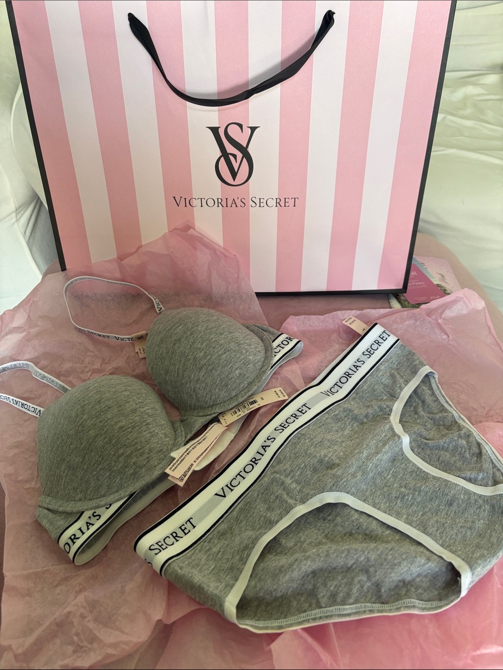 Victoria's Secret Gray & White Logo Cotton Bra and Brief Set